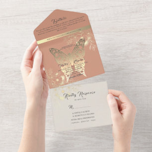 Boho Spring Peach Wedding All In One Invitation