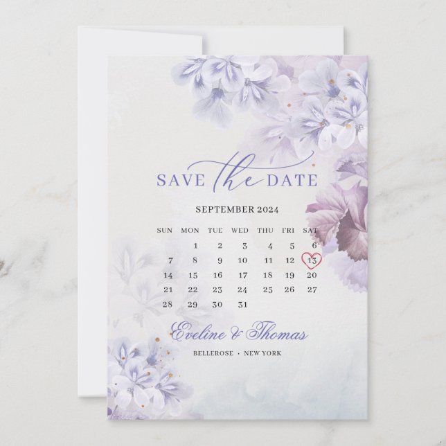 Boho spring purple flowers mauve month calendar save the date (Front)
