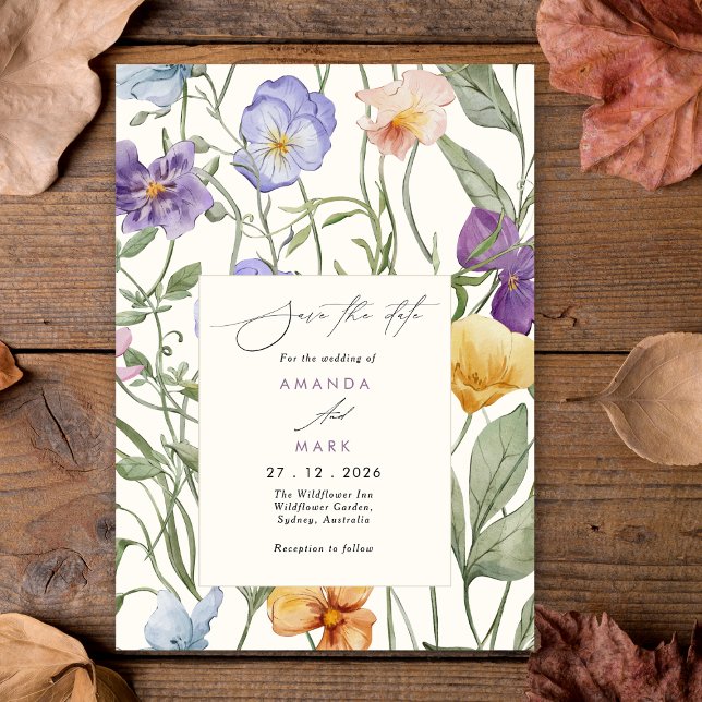 Boho Spring Purple Wildflowers bloom Save the date Invitation (Creator Uploaded)