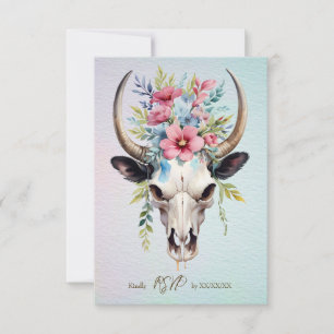 Boho Spring Watercolor Floral Cow Skull Wedding RSVP Card