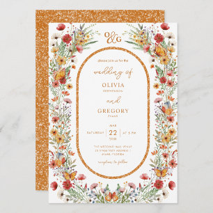 Boho Spring Watercolor Wildflowers Gold Wedding Invitation