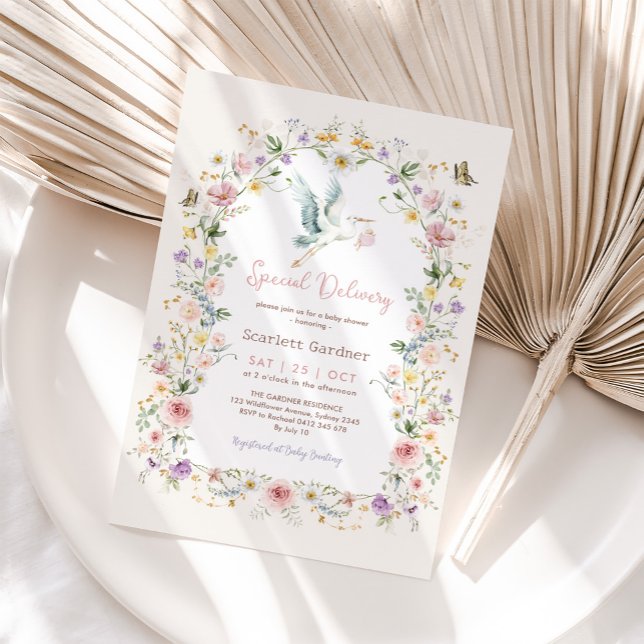 Boho Spring Wildflower Stork Girl Baby Shower Invitation (Creator Uploaded)