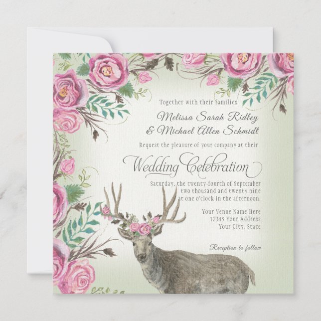BOHO Square Rose Floral Crown Deer Antler Sage Invitation (Front)