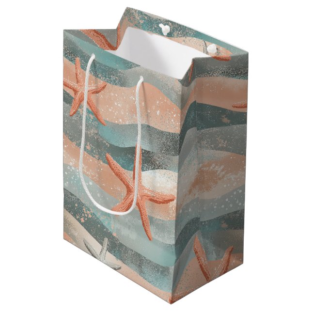 Boho Starfish Terracotta Teal Organic Beach Medium Gift Bag (Front Angled)