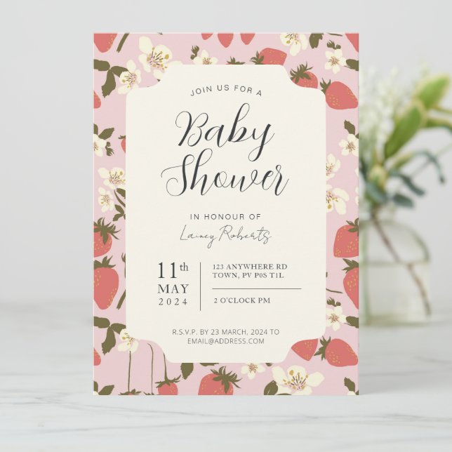 Boho Stawberry Floral Baby Shower Invitation (Standing Front)