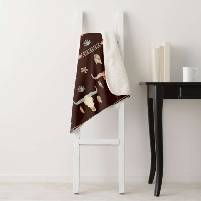 Boho Steer Pattern Sherpa Blanket (In Situ)
