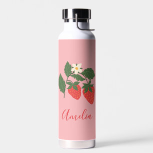 Boho Strawberry Fruit Pink Personalized Name Water Bottle