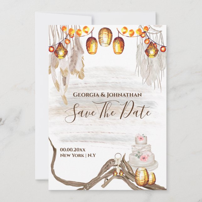 Boho string lights macrame feathers cake chic save the date (Front)