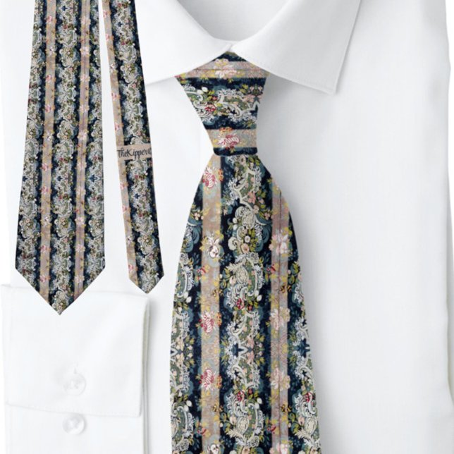 Boho Stripe French Floral Blue Pink Blush Tie (Creator Uploaded)