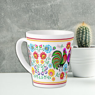 Boho Style Colourful Rooster Pattern Latte Mug