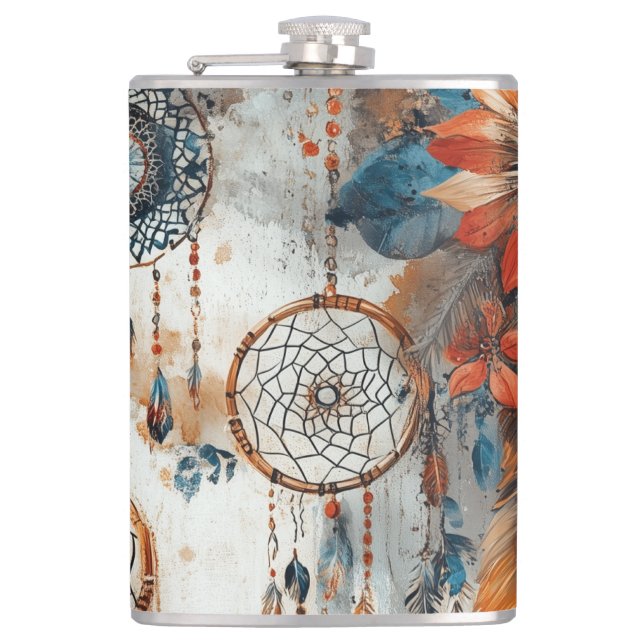 Boho style design with dreamcatchers hip flask (Front)