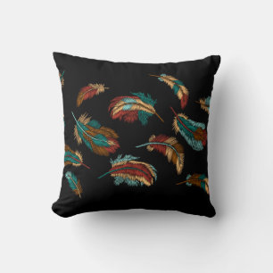 Boho Style Embroidered Colourful Feathers Black Cushion