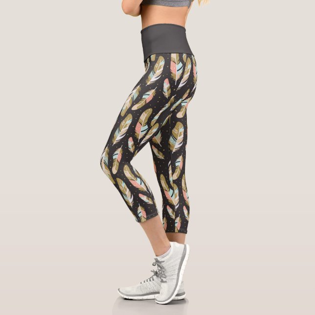 Boho Style Feathers Pattern Capri Leggings (Left)