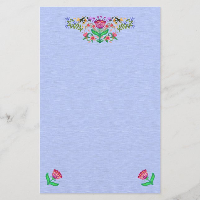 Boho Style Floral Border on Light Blue Stationery (Front)