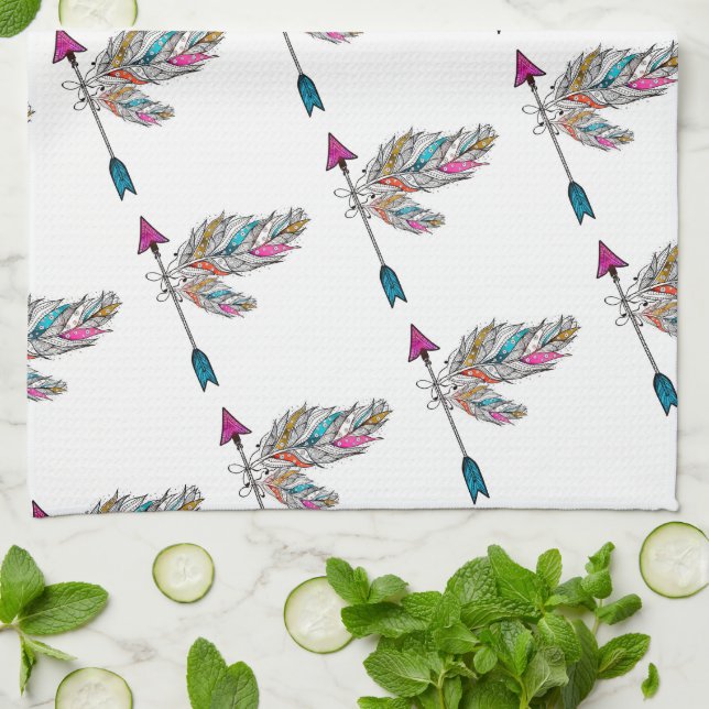 boho style ornamental feathers hanging tea towel (Folded)