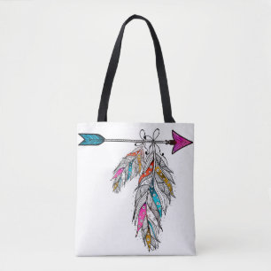 boho style ornamental feathers hanging tote bag