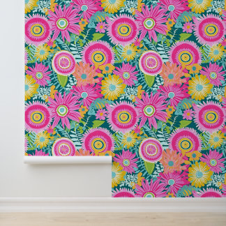 Boho style pink flowers wallpaper