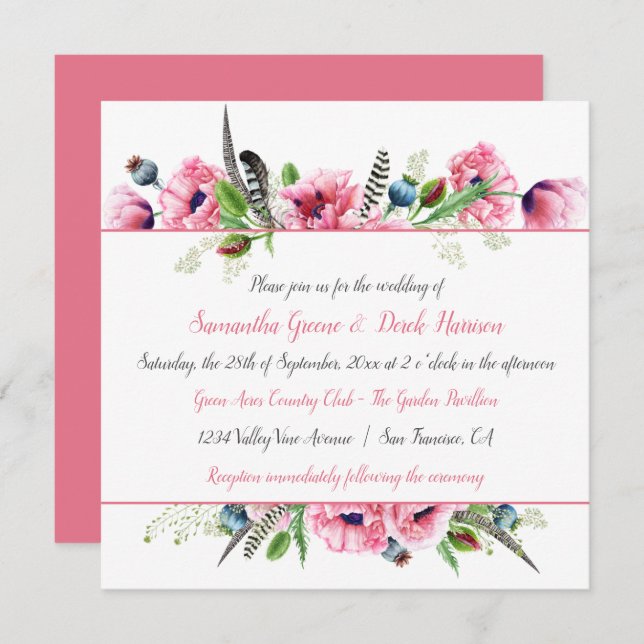 Boho Style Pink Poppies Feathers Greenery Wedding Invitation (Front/Back)