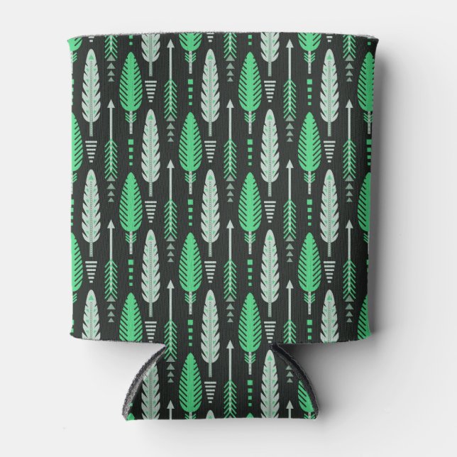 boho style retro ethnic feather green pattern can cooler (Front)