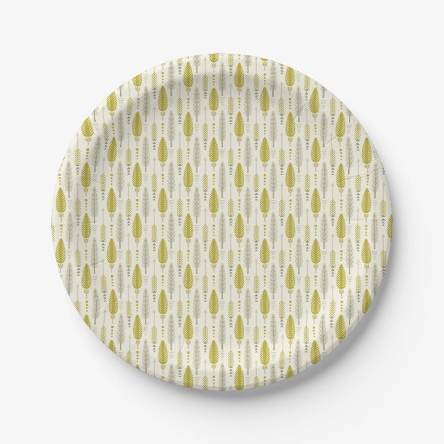 boho style retro ethnic feather yellow pattern paper plate (Front)