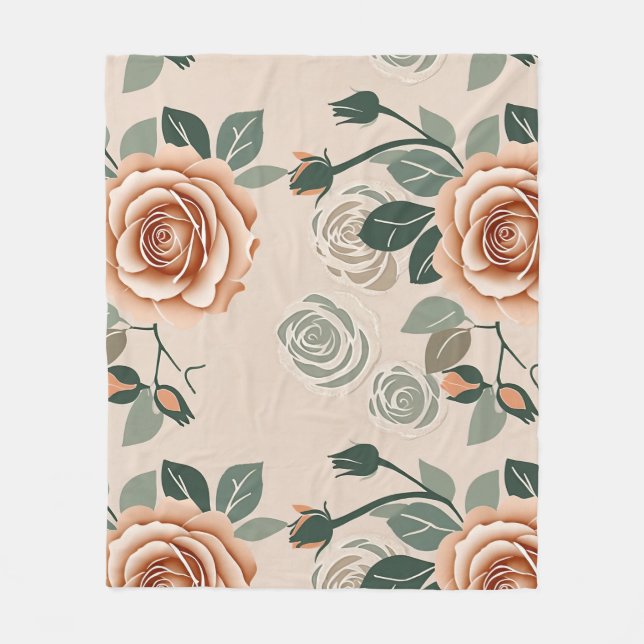 Boho Style Roses In Pastel Orange And Sage Green  Fleece Blanket (Front)