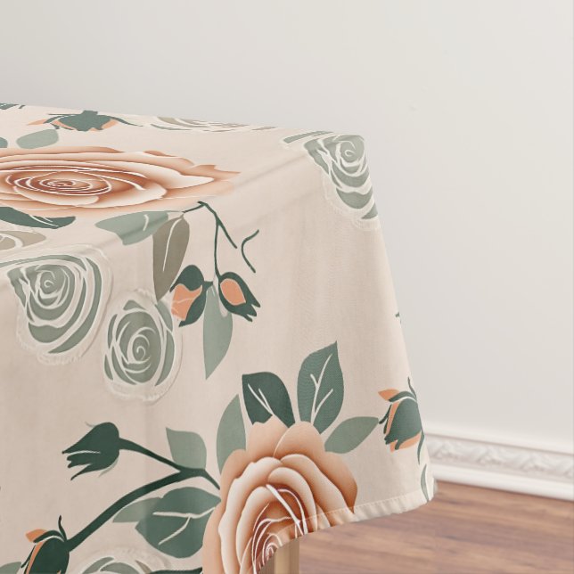 Boho Style Roses In Pastel Orange And Sage Green  Tablecloth (In Situ)
