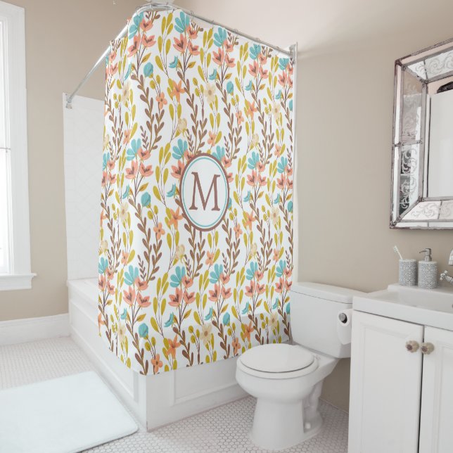 Boho Style Summer Wildflower Monogram Shower Curtain (In Situ)