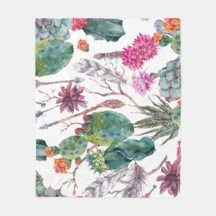 Boho Style, Vintage Cactus Watercolor. Fleece Blanket