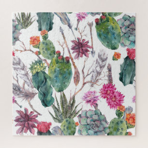 Boho Style, Vintage Cactus Watercolor. Jigsaw Puzzle