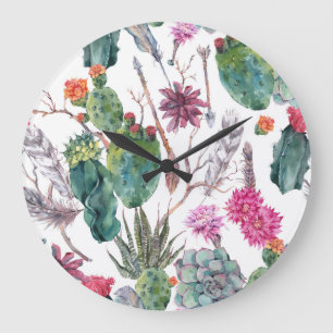 Boho Style, Vintage Cactus Watercolor. Large Clock