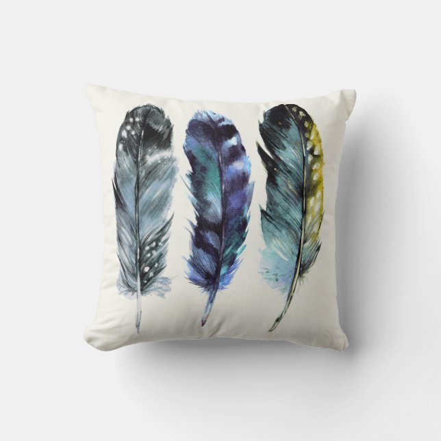 Boho Style Watercolor Birds Feathers Cushion (Front)