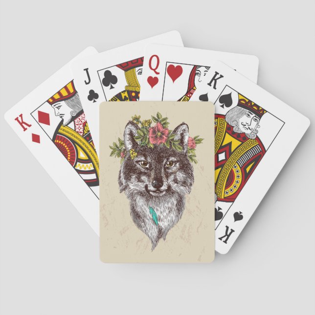 Boho Style Wolf Halo Portrait Playing Cards (Back)
