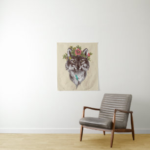 Boho Style Wolf Halo Portrait Tapestry