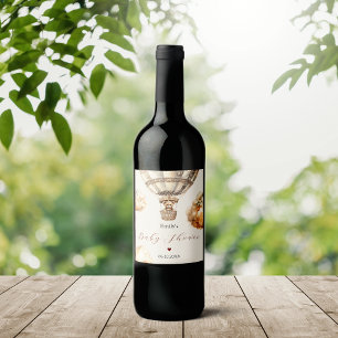 Boho Stylish Bear Air Balloon Clouds Baby Shower Wine Label