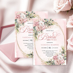 Boho Stylish Dusty Pink Floral Gold Bridal Shower Invitation
