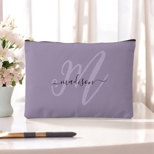 Boho Stylish Purple Monogram and Name Accessory Pouch (Personalize with your monogram initial and name.)