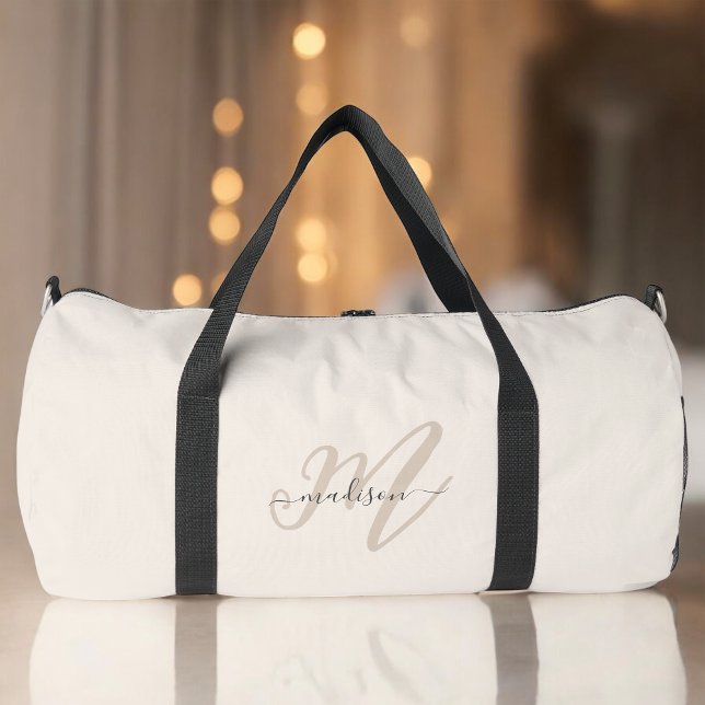 Boho Stylish Script Beige Monogram and Name Duffle Bag (Personalize with your name and monogram initial.)