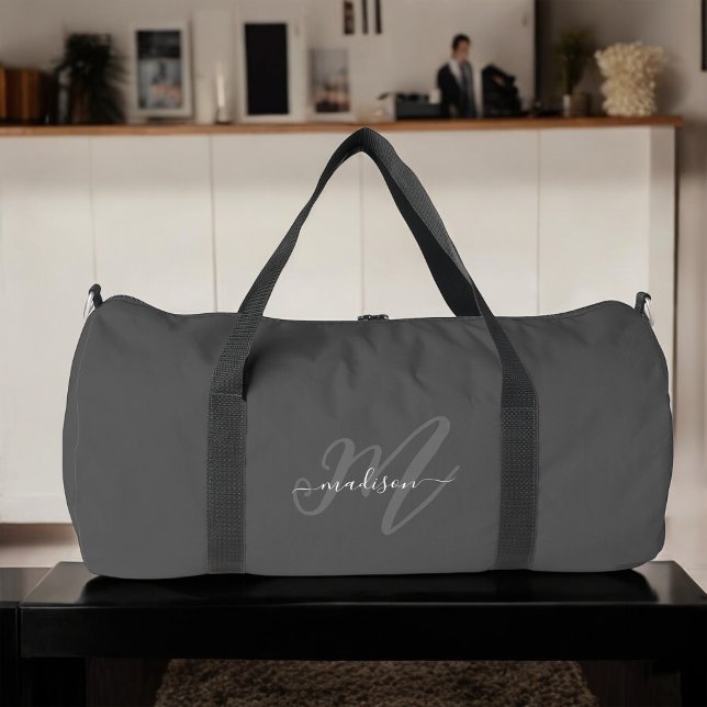 Boho Stylish Script Grey Name and Monogram Duffle Bag (Creator Uploaded)