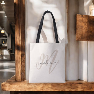 Boho Stylish Script Monogram and Name in Beige Tote Bag