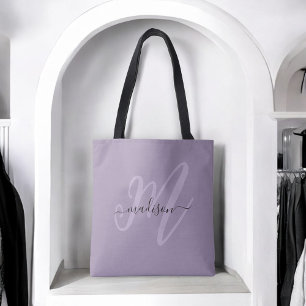 Boho Stylish Script Monogram and Name in Purple Tote Bag
