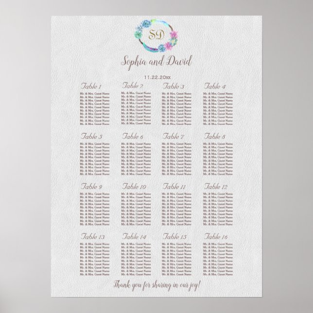 Boho Succulent Cactus Wreath Wedding Seating Chart (Front)