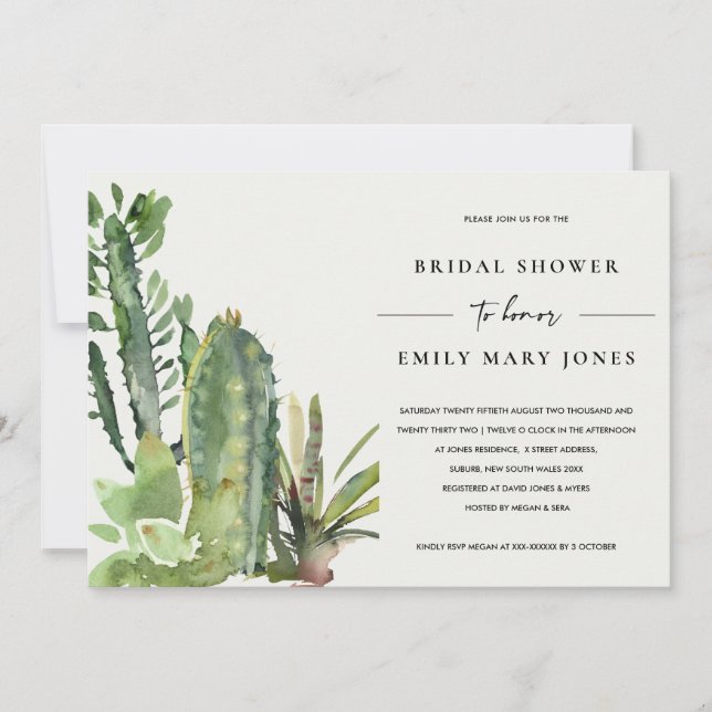 BOHO SUCCULENT DESERT CACTI FAUNA BRIDAL SHOWER INVITATION (Front)