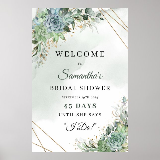 Boho succulent eucalyptus Bridal Shower count down Poster (Front)