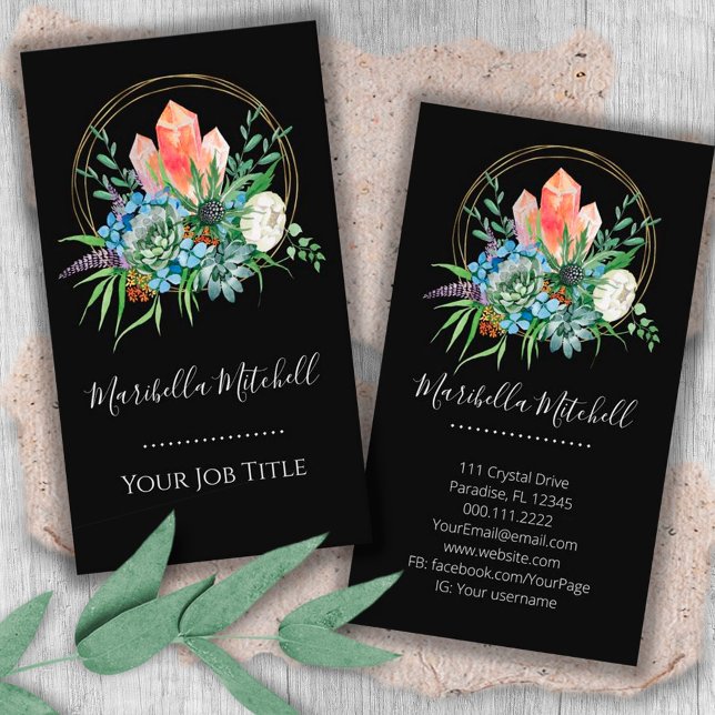 Boho Succulent Flowers Bouquet Crystals Watercolor Business Card (Creator Uploaded)