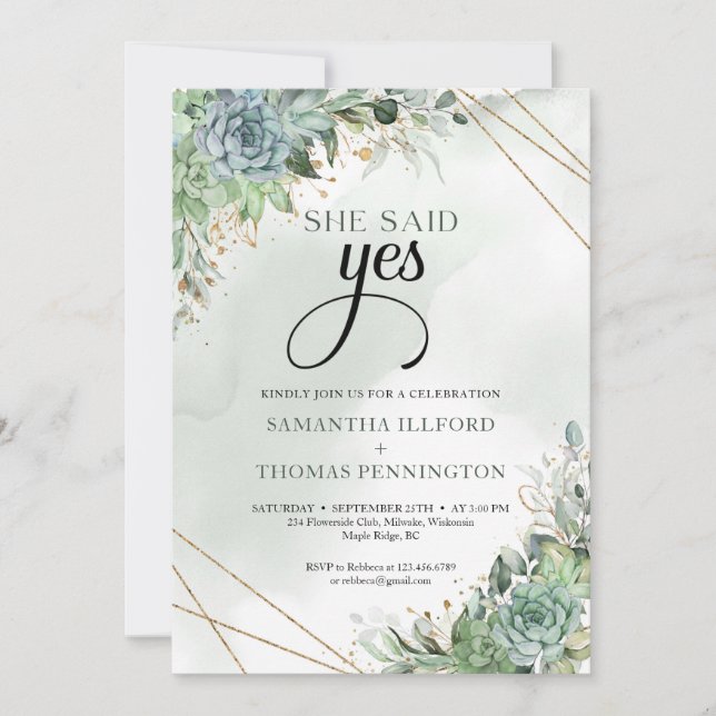 Boho succulent flowers eucalyotus she said yes invitation (Front)