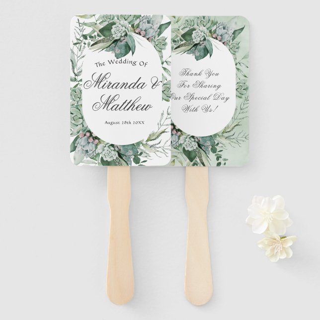 Boho Succulent Greenery Wedding Thank You Hand Fan (Front and Back)