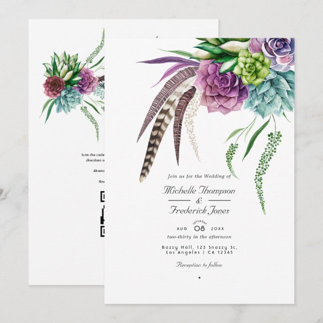 Boho Succulent Plants QR Code RSVP Wedding Invitation (Front/Back)
