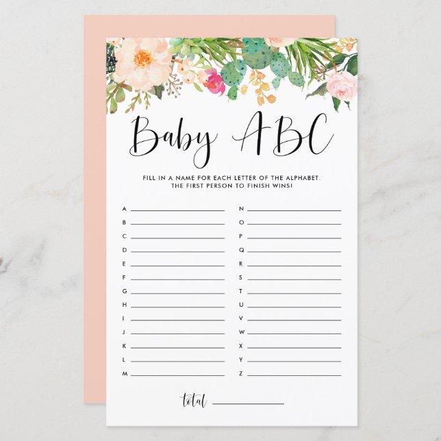 Boho Succulents Baby ABC Baby Shower Game (Front/Back)