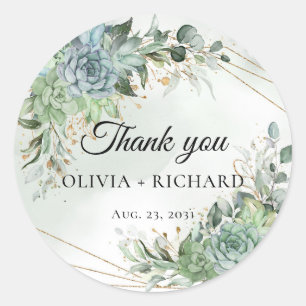 Boho succulents eucalyptus gold frame thank you classic round sticker
