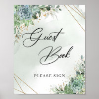Boho succulents eucalyptus gold Guest Book Sign